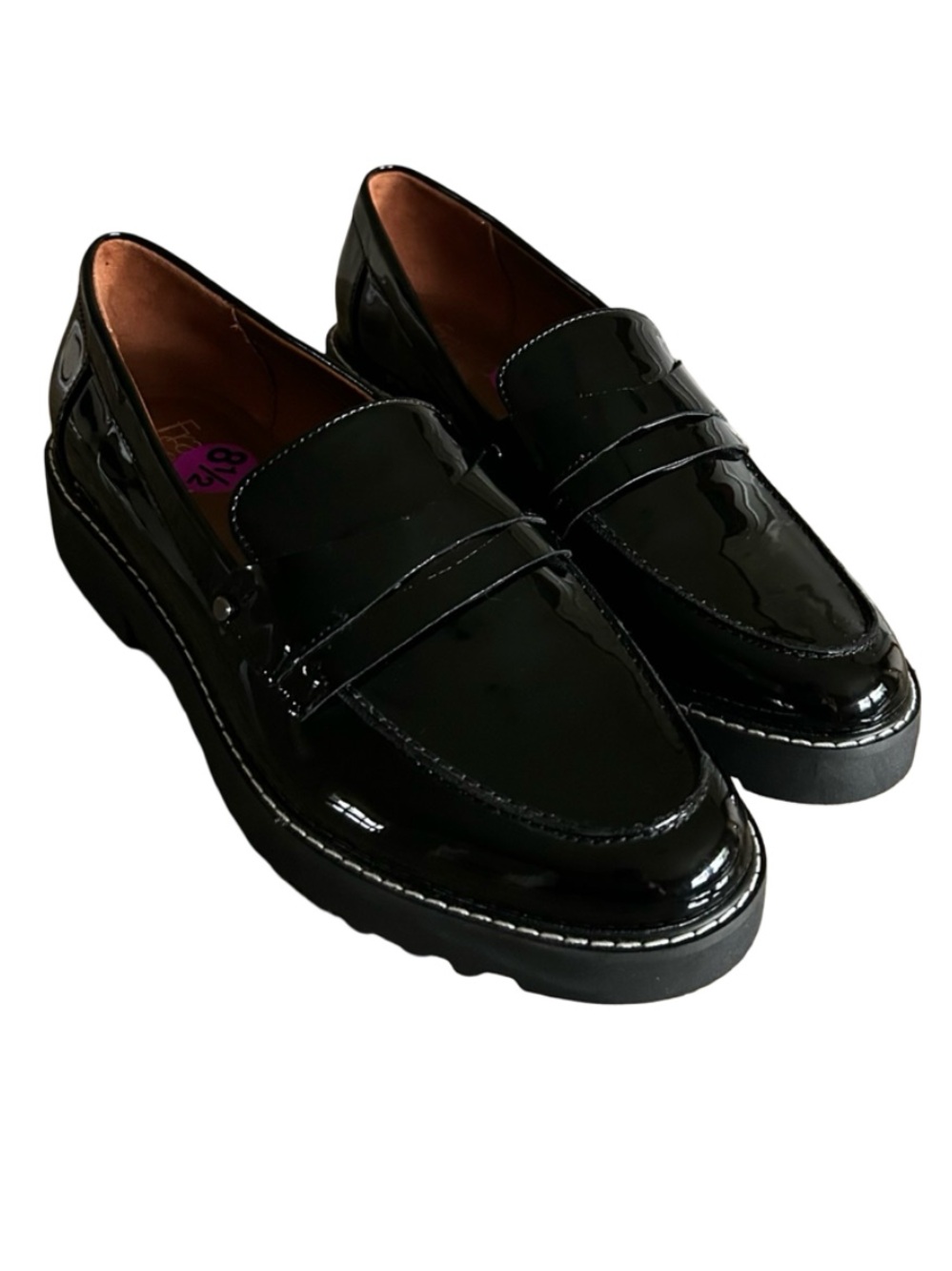 Franco Sarto Black Patent Lug Sole Penny Loafers Size 8.5